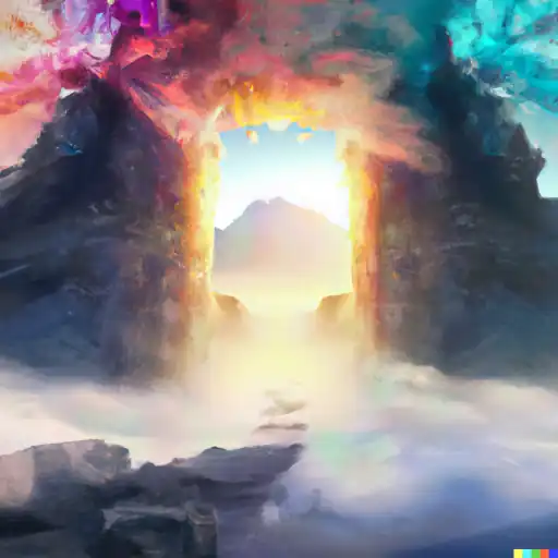 DALL·E 2022 10 25 17.06.15   Colorful mist and smoke explosions as a Portal to another dimension as Breakthrough in a wall and behind are the tops of the mountains with a sunrise  gigapixel low_res scale 6_00x